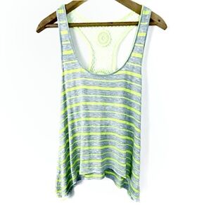 Almost Famous Stripe Crochet Lace Racerback Tank Top Shark Bite Hem Gray Lime L